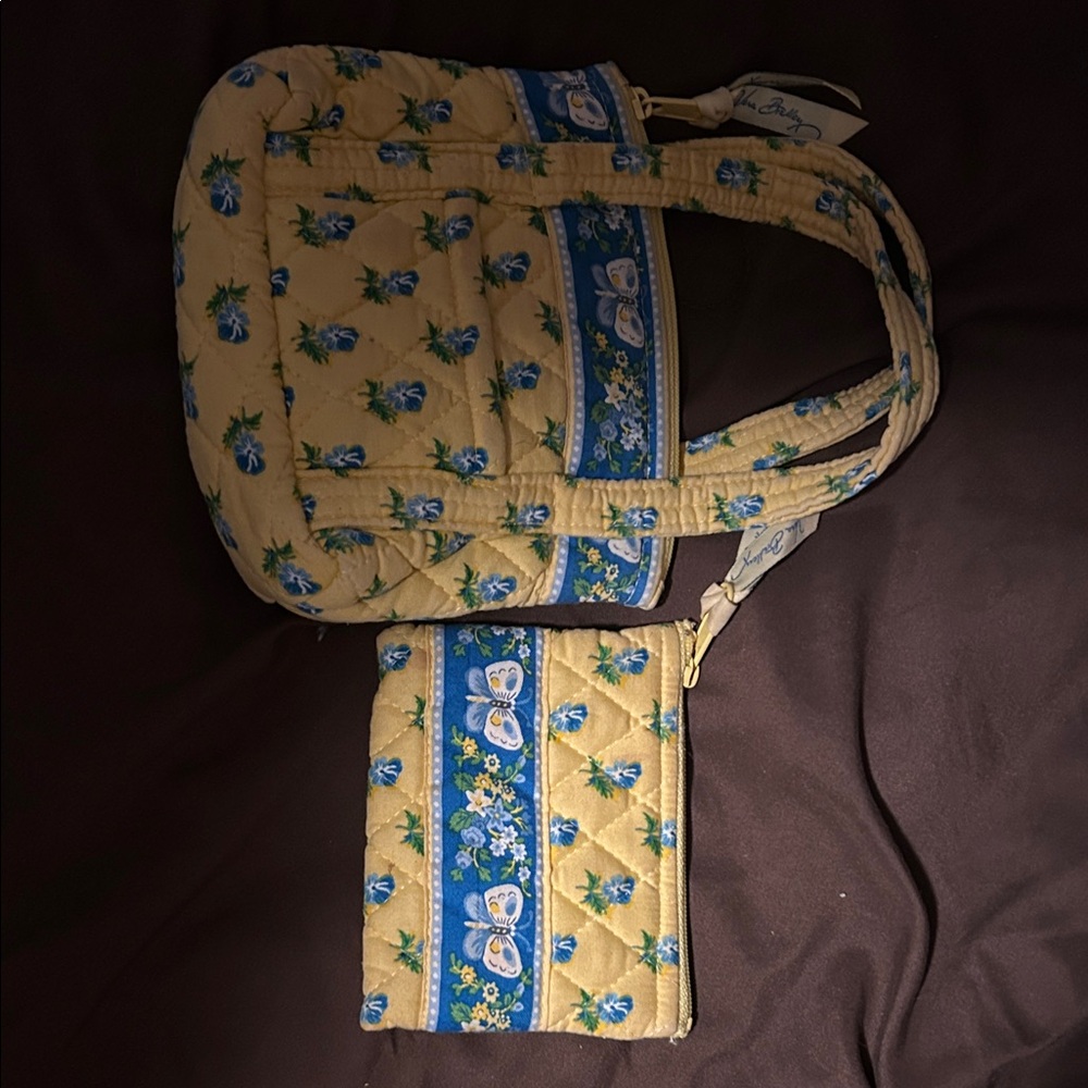 Vera Bradley Floral Quilted Tote and Pouch - Blue and Tan